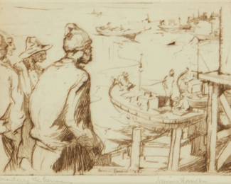 1018
Armin Carl Hansen
1886-1957
"Monterey Fisherman," 1922
Drypoint on cream wove paper
From the edition of unknown size
Signed and titled in pencil in the lower margin: Armin Hansen; with the printed signature and date, at the center of the lower plate edge: 22
Plate: 2.5" H x 3.5" W"; Sight: 2.75" H x 3.875" W
Estimate: $400 - $600