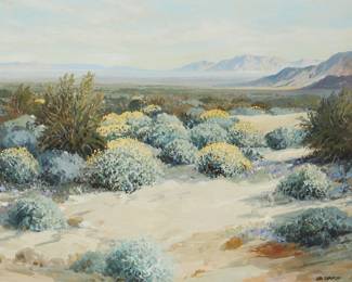 1213
Carl Sammons
1883-1968
Desert Landscape
Oil on canvas
Signed lower right: Carl Sammons
24" H x 30.125" W
Estimate: $2,000 - $3,000