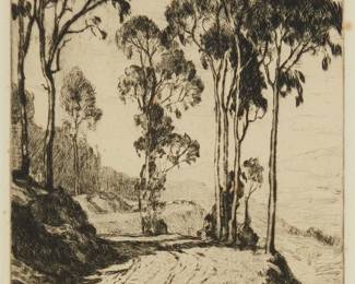 1003
Benjamin Chambers Brown
1865-1942
"The Hill Road"
Drypoint on wove paper
From the edition of unknown size
Signed, titled, and inscribed in pencil in the lower margin: Benjamin C. Brown / "Dry Point"; with the artist's black ink stamp on a label affixed to the frame's backing paper
Plate: 9" H x 7" W; Sight: 9.5" H x 7.5" W
Estimate: $300 - $500