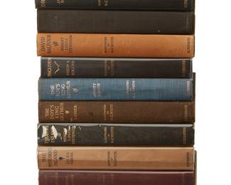 1038
N. C. Wyeth (1882-1945)
A group of children's books illustrated by N. C. Wyeth, 1911-1930
Ten works:

Stevenson, Robert Louis. "Treasure Island." New York: Charles Scribner's Sons, 1911

Verne, Jules. "The Mysterious Island." New York: Charles Scribner's Sons, 1918

Malory, Sir Thomas. "The Boy's King Arthur." Edited by Sidney Lanier. New York: Charles Scribner's Sons, 1919 and 1924
2 copies

Porter, Jane. "The Scottish Chiefs." New York: Charles Scribner's Sons, 1921

Bulfinch, Thomas. "Legends of Charlemagne." New York: Cosmopolitan Book Company, 1924

Stevenson, Robert Louis. "David Balfour." New York: Charles Scribner's Sons, 1924

Verne, Jules. "Michael Strogoff: The Courier of the Czar." New York: Charles Scribner's Sons, 1927
Later edition in original box

Boyd, James. "Drums." New York: Charles Scribner's Sons, 1928

Rollins, Philip Ashton. "Jinglebob." New York: Charles Scribner's Sons, 1930

10 pieces
Largest: 9.875" H x 7.75" W x 1.5" D
Estimate: $800 - $1,200