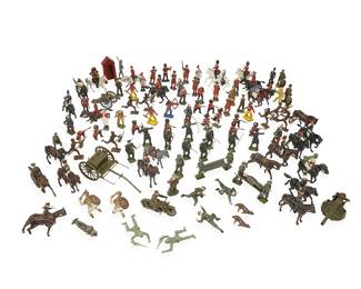 1100
Mid-20th century; England
A group of Britains Ltd. lead toys
Some horses marked in the casting: Property of Britains Ltd. / Made in England / Copyright
The assorted group of painted cast lead toys, some with articulated features, comprising various military figures from the British Royal Guard, the United States army, the Scottish military, horse-mounted figures, cannons, and artillery machines, 105 pieces, approximately
Largest: 2" H x 5.75" W x 2.75" D
Estimate: $300 - $500