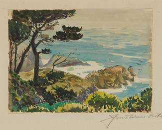 1184
Jessie Arms Botke
1883-1971
California coastal
Watercolor on paper tipped to a board mount, as issued
Signed in pencil on the board mount, at right: Jessie Arms Botke
5" H x 6.75" W
Estimate: $400 - $600