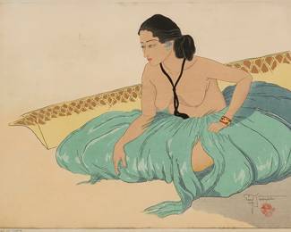 1120
Paul Jacoulet
1902-1960
"Sur le Sable. Rhull, Yap," 1937
Woodcut in colors on handmade mulberry paper
Edition: One of fewer than 225 total impressions
Signed in pencil above the artist's red ink "good luck hammer" stamp in the lower right corner of the image: Paul Jacoulet; the title printed in the lower margin, at left; with the black ink stamps of both the carver, Kentaro Maeda, and the printer, Tetsunosuke Honda, in the lower portion of the left margin
Sight: 11.875" H x 16" W
Estimate: $400 - $600