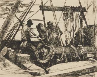 1010
Armin Carl Hansen
1886-1957
"Men at Rigging," circa 1924
Etching on wove paper
Edition: 30/50 (the first and only issued from the original copper plate, except for two posthumous impressions made for the estate; presumably not issued publicly)
Unsigned; numbered on a label affixed to the frame's backing paper; David Kelso, prntr.; Monterey Peninsula Museum of Art Association, Monterey, CA, pub.
Plate: 7.875" H x 10" W; Sight: 9" H x 11" W
Estimate: $600 - $800