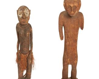 1249
19th/20th century; Papua New Guinea
Two Papuan carved wood figures
Comprising one polychrome carved wood figure with fibrous skirt and wrist adornments, and another figure depicted bearing his teeth, 2 pieces
Taller: 31.25" H x 8.25" W x 8.75" D; Shorter: 27.5" H x 5.75" W x 6.25" D
Estimate: $600 - $900