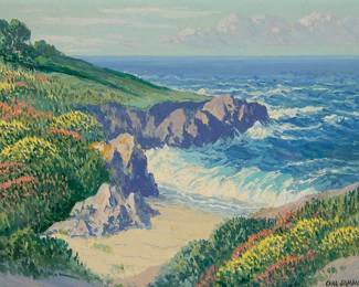 1188
Carl Sammons
1883-1968
"Carmel by the Sea"
Oil on canvasboard
Signed lower right: Carl Sammons; titled in pencil, verso
12" H x 16" W
Estimate: $1,000 - $1,500
