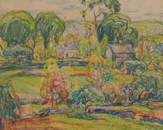 1086
Charles Reiffel
1862-1942
Two houses in a landscape
Crayon and colored pencil on paper
Signed lower right: Charles Reiffel
Image/Sheet: 9.375" H x 9.875" W
Estimate: $800 - $1,200