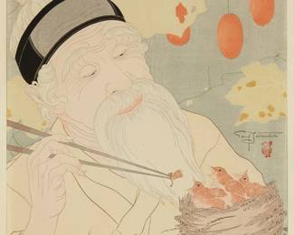 1109
Paul Jacoulet
1902-1960
"Le Nid. Coree," 1941
Woodcut in colors on handmade mulberry paper, watermark the artist's initials
Edition: 64/150
Signed in pencil above the artist's red ink sparrow stamp in the image near the center of the right edge: Paul Jacoulet; the title printed in the lower margin, at right; stamp numbered 64/150 in red ink; with the black ink stamp of the carver, Kentaro Maeda, in the lower portion of the right margin
Image: 15.5" H x 11.875" W; Sheet: 18.5" H x 14.5" W
Estimate: $600 - $800