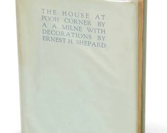 1035
A. A. Milne
1882-1956
"The House at Pooh Corner," 1928
Hardcover book
Milne, A. A. "The House at Pooh Corner." Illustrated by Ernest H. Shepard. London: Methuen & Co. Ltd., 1928
Signed Limited Edition: 224/350
Signed by Milne and Shepard at edition page
The octavo with boards bound in quarter blue cloth and paper, deckled page edges, and containing the first appearance of the character "Tigger" in what would be Milne's final Pooh book
9" H x 7.375" W x 1" D
Estimate: $600 - $800