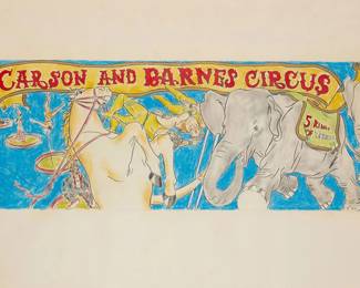 1130
Peter Walker
b. 1946
"Carson and Barnes Circus," 1977
Colored pencil, crayon, and metallic pigment on paper, watermark BFK Rives
Signed and dated in the image, lower right: Peter Walker / 77
Image: 15" H x 41.25" W; Sight: 29.25" H x 41.25" W
Estimate: $300 - $500