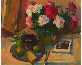1272
Sergei Bongart
1918-1985
Floral still life with fruit and paint brushes
Oil on canvas
Signed and indistinctly inscribed lower right: Sergei Bongart; signed again (twice), on the stretcher bar, and on the canvas, both verso
36" H x 40" W
Estimate: $600 - $800