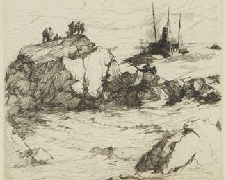 1013
Armin Carl Hansen
1886-1957
"Requiem," 1924
Etching on cream wove paper
Possibly from an edition of 75
Signed and titled in pencil in the lower margin: Armin Hansen; with the printed signature and date in the plate at lower right: 24
Plate: 12.875" H x 14.875" W; Sight: 13.625" H x 15" W
Estimate: $700 - $900