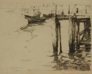1012
Armin Carl Hansen
1886-1957
"The Pier End," 1925
Etching on cream wove paper
From the edition of unknown size
Signed and titled in pencil in the lower margin: Armin Hansen; with the printed signature and date in the plate at lower left: 25; with the title stamped on a gallery label affixed to the frame's backing paper
Plate: 6" H x 8" W; Sight: 6.5" H x 8.5" W
Estimate: $600 - $800