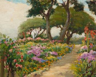 1181
William Adam
1846-1931
"Path in the Pacific Grove," circa 1920
Oil on canvas laid to artist's board
Signed lower left: Wm. Adam; titled and dated from a gallery label affixed to the frame's backing board
12" H x 13.875" W
Estimate: $600 - $800