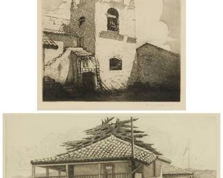 1239
Ferdinand Burgdorff (1881-1975)
Two works:

"Carmel Mission," 1926
Etching and aquatint on wove paper
From the edition of unknown size
Signed and dated in pencil in the lower margin, at right: Ferdinand Burgdorff / 1926; titled on two labels affixed to the frame's backing paper
Plate: 11.75" H x 9.75" W; Sight: 12.75" H x 10.5" W

"The Custom House, Monterey," 1946
Etching on wove paper
From the edition of unknown size
Signed, titled, and dated (twice) in pencil in the lower margin: Ferdinand Burgdorff 1946
Plate: 8.625" H x 14.75" W; Sight: 9.375" H x 15" W
Estimate: $600 - $800