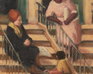 1222
Mabel Alvarez
1891-1985
Figures sitting on steps
Oil on canvas
Signed lower left: Alvarez
10" H x 8" W
Estimate: $1,000 - $1,500