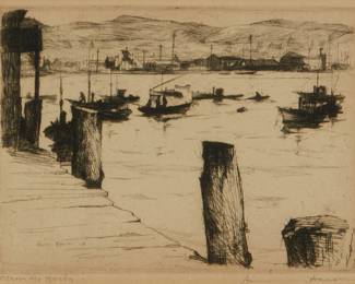 1014
Armin Carl Hansen
1886-1957
"Across the Harbor," 1927
Etching and drypoint on wove paper
From the edition of unknown size
Signed and titled in pencil in the lower margin: Armin Hansen; with the printed signature and date in the plate at lower right: 27
Plate: 4.75" H x 6.375" W; Sight: 5.25" H x 6.875" W
Estimate: $600 - $800