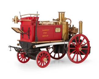 1139
Circa 1860; Thorganby, York, England
A Shand Mason fire engine by Maxwell Hemmens Precision Steam Models
Inscribed to side: Banbury Fire Service; further marked: Shand Mason & Co. Engineers, London; marked to brass tank: WP / 80
The enameled metal and wood model fire truck with water pumper, featuring a brass boiler, rails, side lamp, and accent components, with hoses mounted to each side, housed in a Lucite case, 2 pieces
Engine: 13.75" H x 22.5" W x 10.75" D; Case: 15.75" H x 12.5" W x 25.5" D
Estimate: $2,000 - $3,000