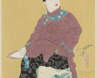 1110
Paul Jacoulet
1902-1960
'Le Tabouret de Porcelaine. Mandchuokuo," 1936
Woodcut in colors with mica, ground jade powder, and a combination of silver and bronze powder on handmade mulberry paper, watermark the artist's initials
Edition: 252/350 (of which fewer than 200 were printed in this edition)
Signed in pencil above the artist's red ink good luck hammer stamp in the image at the lower right: Paul Jacoulet; the title printed in the lower margin, at right; stamp-numbered 252/350 in red ink on the verso; with the black ink stamp of the carver, Kentaro Maeda, in the lower portion of the right margin; lacking the black ink stamp of the printer, Hoshino
Estimate: $500 - $700