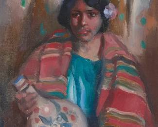 1223
John Hubbard Rich
1876-1954
Portrait of a girl with vase
Oil on canvas laid to board
Signed upper right: John Hubbard Rich
13.125" H x 11" W
Estimate: $300 - $500