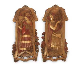 1165
Late 19th/early 20th century; Germany
A pair of Jugendstil relief plaques
Each marked: Musterschutz; further marked: 7196 / 7197
Possibly designed by Wilhelm Elster Jr. (1869-1916), each cast metal figural plaque with cold painted highlights and depicting the arts of music and painting, 2 pieces
Each: 28.25" H x 12.75" W x 0.5" D
Estimate: $800 - $1,200