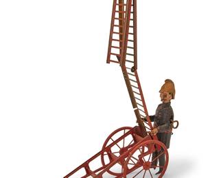 1143
Early 20th century; Germany
A Gama tinplate firefighter and fire escape toy
Unmarked
The enameled tinplate toy with windup mechanism and folding ladder
Stored: 8.75" H x 10.5" W x 4.5" D
Estimate: $300 - $500
