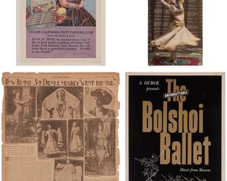 1025
Early 20th century
A group of Ruth St. Denis ephemera
Comprising a poster for the Bolshoi Ballet screen-printed in colors, an offset lithograph of Ruth St. Denis depicted in an advertisement for Adams Chewing Gum, a newspaper cutout from The Pittsburg Dispatch dated Sunday, September 3, 1911, the article titled "How Ruth St. Denis Nearly 'Went Broke'," and a postcard with a colorized black and white photograph of Ruth St. Denis, 4 pieces
Largest: 22.5" H x 16.5" W; Postcard: 5.375" H x 3.375" W
Estimate: $300 - $500