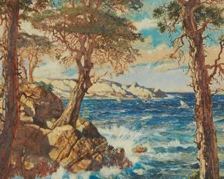 1185
Hernando Villa
1881-1952
Coastal scene with trees, 1943
Oil on canvas
Signed and dated lower right: Hernando Villa 43
22.5" H x 18.5" W
Estimate: $1,000 - $1,500