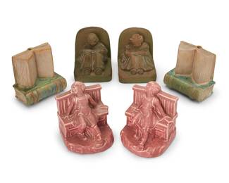 1063
Early/mid-20th century
Three pairs of Arts & Crafts pottery bookends
One pair stamped to underside: Batchelder / Los Angeles; another pair marked for Rookwood and: XXIX [1929] / 2446; one of the other pair with sticker: Vasekraft Fulper [1911-1917]
The ceramic bookends, comprising a pair of Batchelder figural bookends with dark green glaze (each: 4.75" H x 4.25" W x 5" D), a pair of Rookwood pink glazed figural bookends (each: 5.5" H x 4.625" W x 4.5" D), and a pair of Fulper book-form bookends (each: 5" H x 4.875" W x 3" D), 6 pieces
Estimate: $300 - $500