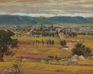 1077
Charles Walter Stetson
1858-1911
View of Santa Barbara, 1892
Gouache on tan paper
Signed with the monogram, inscribed, and dated lower right: "CWS Sta. Barbara / Feb. 23 1892"
Sight: 6.375' H x 8.125" W
Estimate: $1,000 - $2,000