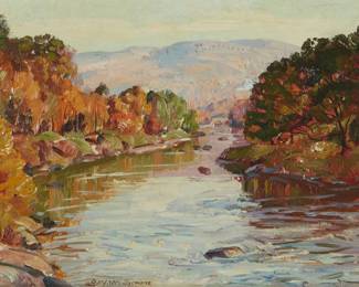 1083
George Gardner Symons
1861-1930
"Landscape with Stream," 1919
Oil on panel
Signed in the lower edge, left of center: Gardner Symons; signed again, dated, and inscribed indistinctly in pencil, verso: " To my dear friend [Mrs.] Emily Clark / in ***/ together / Gardner Symons / Xmas 1919"; titled on a gallery label affixed to the frame's backing paper
10.75" H x 14" W
Estimate: $1,000 - $1,500