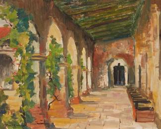 1210
Paul Conner
1881-1968
"Mission San Juan Capistrano"
Oil on canvasboard
Signed lower left: Paul Conner; titled in ink on a label affixed verso
12" H x 15.25" W
Estimate: $800 - $1,200