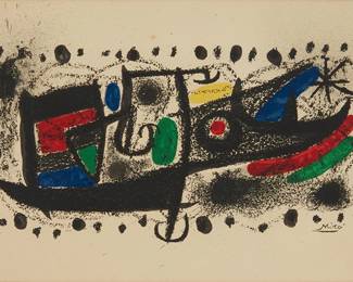 1256
After Joan Miro
1893-1983
Untitled for "John Miro und Katalonien," 1970
Lithograph in colors on wove paper
Edition: Presumably from the later edition of 8,750 printed in a smaller scale than the original edition (all of which were larger scale and were hand-numbered and also either signed or initialled by hand)
The artist's signature printed in the stone at lower right; Poligrafa, Barcelona, prntr.; L'Orangerie, Cologne, pub.
Sight:13" H x 20.625" W
Estimate: $500 - $700