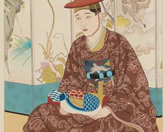 1111
Paul Jacoulet
1902-1960
'Le Marie. Seoul, Corée'
Woodcut in colors with metallic highlights on handmade mulberry paper
From the total edition of fewer than 370 impressions
Signed in pencil above the artist's red ink owl stamp in the image at lower right: Paul Jacoulet; the title printed in the lower margin, at right; with the black ink stamps of both the carver, Kentaro Maeda, and the printer, Yoshizo Onoderaa, in the lower portion of the right margin
Image: 15.375" H x 11.75" W; Sight: 16.25" H x 12.75" W
Estimate: $300 - $500