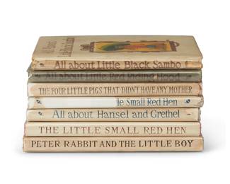 1039
1916-1935
A group of miniature children's hardcover books
Seven works:

From the "All About" series:
Gruelle, John B., illustrator. "All About Little Red Riding Hood." New York: Cupples & Leon Company, 1916

Gruelle, John B., illustrator. "All About Hansel and Grethel." New York: Cupples & Leon Company, 1917

Gruelle, John B., illustrator. "All About the Little Small Red Hen." New York: Cupples & Leon Company, 1917

Gruelle, John B., illustrator. "All About Little Black Sambo." New York: Cupples & Leon Company, 1917

From the "Wee Books for Wee Folks" series:
Duffield, Kenneth Graham. "The Four Little Pigs That Didn't Have Any Mother." Philadelphia: Henry Altemus Company, 1919

"The Little Small Red Hen." Philadelphia: Henry Altemus Company, 1924

Almond, Linda Stevens. "Peter Rabbit and the Little Boy." Illustrated by John B. Gruelle. New York: The Platt & Munk Co. Inc., 1935

7 pieces
Each: 5.75" H x 4.5" W x 0.65" D approximately
Estimate: $300 - $400