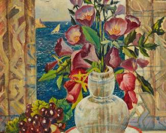 1271
Hernando Gonzallo Villa
1881-1952
Still life with flowers and grapes, 1948
Oil on canvas laid to panel
Signed and dated lower left: Hernando G. Villa / 8-48
18" H x 13.5" W
Estimate: $800 - $1,200