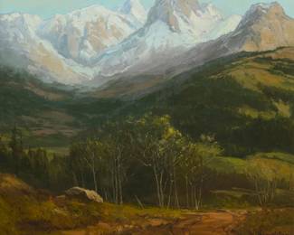 1177
Peter Winthrop Sheffers
1893-1949
"Castle Crags" (near Dunsmuir, California)
Oil on canvas
Signed lower right: Sheffers; titled on a label affixed to the stretcher bar
25" H x 30" W
Estimate: $1,000 - $1,500