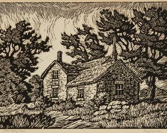 1244
Birger Sandzen
1871-1954
"Blue Valley Farm," 1929
Linocut on paper
From the edition of 100
Signed and titled in pencil in the lower margin: Birger Sandzen, initialed in the plate "B S-n" lower right
Image: 9" H x 11.875" W; Sight: 9.5" H x 12.25" W
Estimate: $500 - $700