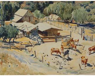 1218
Emil J. Kosa Jr.
1903-1968
Ranch scene with cows, 1932
Watercolor and graphite on paper
Signed and dated lower left: E.J. Kosa Jr. / 1932
Image/Sheet: 14.125" H x 21.25" W
Estimate: $1,000 - $1,500