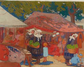 1211
Elsie Palmer Payne
1884-1971
Brittany market scene
Gouache on paper
Signed lower right: Elsie Palmer Payne
Image/Sheet: 11.625" H x 13.875" W
Estimate: $1,000 - $1,500