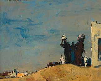 1261
Sergei Bongart
1918-1985
Desert landscape with figures, 1976
Oil on Masonite
Signed and dated upper left: Sergei Bongart 1976
26" H x 30" W
Estimate: $600 - $800