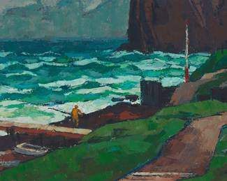 1197
Antonio Pietro Martino
1922-1988
"After the storm, Percé, Canada"
Oil on canvas
Signed lower right: Antonio P. Martino; signed again, titled, and inscribed with the artist's address in ink on the upper portion of the stretcher
15" H x 30" W
Estimate: $800 - $1,200