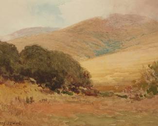 1152
Sydney Janis Yard
1855-1909
California landscape with oaks
Watercolor on paper
Signed lower left: Sydney J. Yard.; inscribed in pencil on the frame's backing board, possibly in another hand: "No 576 / Marin Co Hills"
7" H x 9.5" W
Estimate: $500 - $700