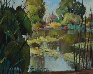 
1204
Oliver Milburn
1883-1932
"Lilies + Reflections," circa 1932
Oil on canvas
Signed lower right: Oliver Milburn; signed again and titled verso
25" H x 30" W
Estimate: $1,200 - $1,800