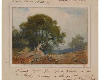 1053
Percy Gray
1869-1952
California oak, 1939
Watercolor with graphite traces on paper
Signed with initials lower left: P.G.; signed, inscribed and dated "Dear Mrs. Hall - / Sept. 14, 1939. / Thank you for your check and a happy evening on the 13th / Sincerely Percy Gray" in the upper and lower margins
Image: 3.75" H x 5" W; Sheet: 5.5" H x 6.375" W
Estimate: $1,000 - $2,000