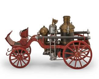 1145
Early 20th century
A vintage wrought iron fire pumper toy
Unmarked
The painted wrought iron toy with swiveling front axel and side mounted hoses
7.75" H x 13" W x 5.5" D
Estimate: $400 - $600