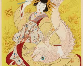 1113
Paul Jacoulet
1902-1960
'Ebisu, Dieu du Bonheur Personnifié par une Courtisane du Shimabara. Kyoto, Japon"
Woodcut in colors with metallic and powdered pearl highlights on handmade mulberry paper
Edition: An artist's proof aside from the edition of fewer than 300 impressions
Signed in pencil above the artist's red ink coin stamp in the image at right: Paul Jacoulet; the title printed in the lower margin, at right; the artist's proof information from an old gallery label; with the black ink stamps of both the carver, Kentaro Maeda, and the printer, Yoshizo Onodera, in the lower portion of the right margin
Image: 15.375' H x 11.75' W; Sight: 16.365" H x 12.625" W
Estimate: $300 - $500