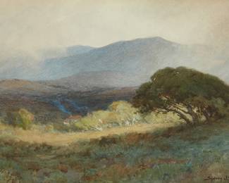 1055
Sydney Janis Yard
1855-1909
Rising mist in a valley with oak trees and a cottage
Watercolor with traces of graphite on paper
Signed lower right: Sydney J. Yard
Sight: 11.75" H x 17.75" W
Estimate: $500 - $700