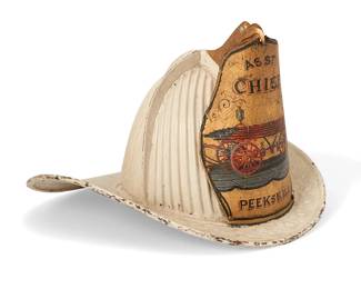 1137
Early/mid-20th century
A Cairns & Brothers fireman helmet
Badge reads: Asst Chief / Peekskill
The metal and white leather helmet with front and rear visors, featuring a leather badge and gilt-metal eagle accent, the interior with cotton canvas lining
9" H x 11" W x 14" D
Estimate: $400 - $600