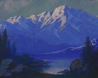 1160
Carl Sammons
1883-1968
Mountain landscape
Pastel on artist board laid to board
Signed lower right: C. Sammons
Sight: 10.625" H x 27" W; Board: 11.125" H x 28" W
Estimate: $1,500 - $2,000